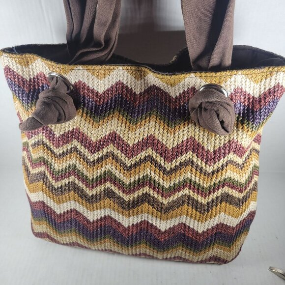 Braciano Brown Neutral Classic Everyday Beach Resort Chevron Woven Shoulder Bag - Picture 6 of 10